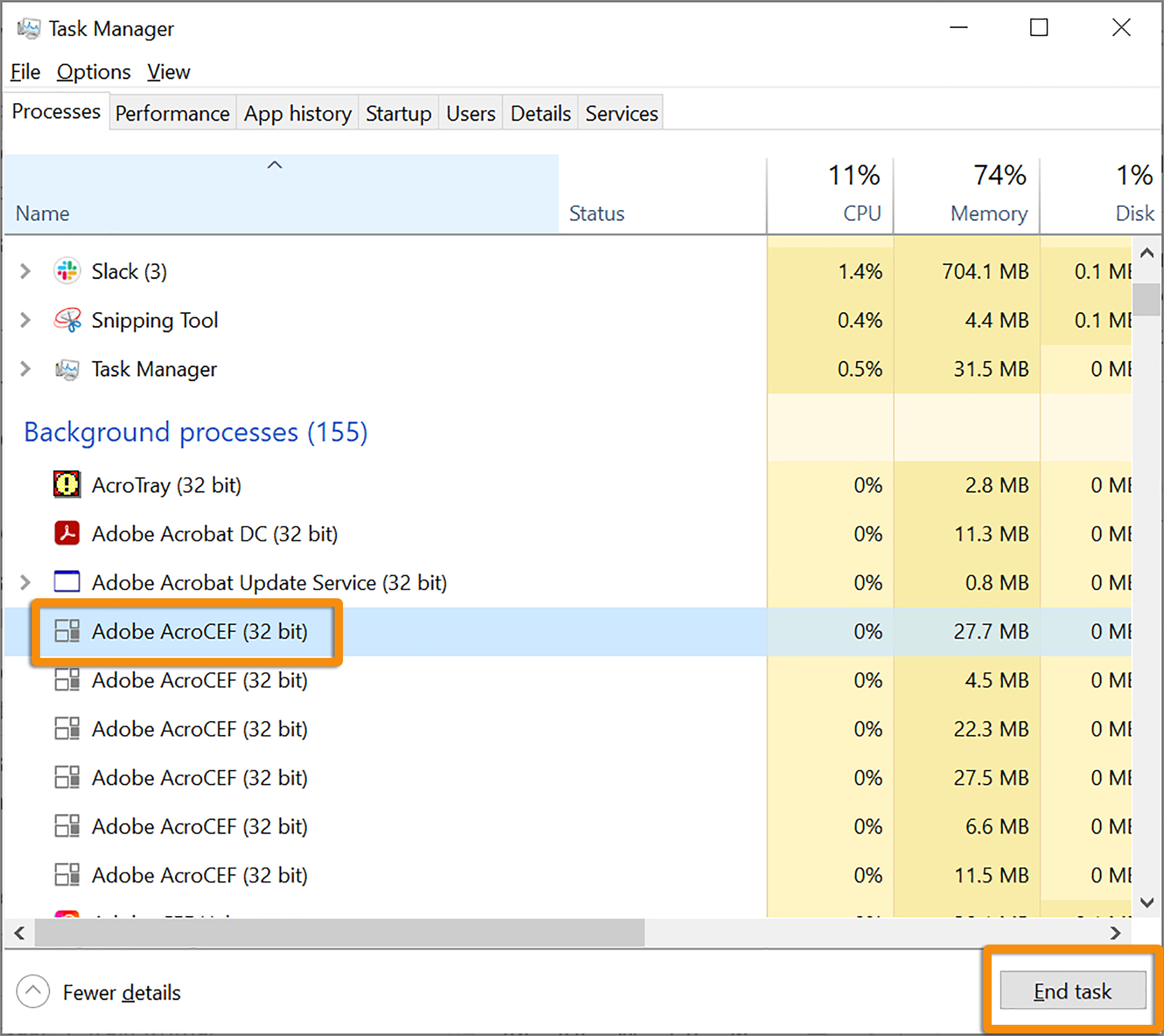 Solucionar errores relacionados con los procesos de AcroCEF/RdrCEF de