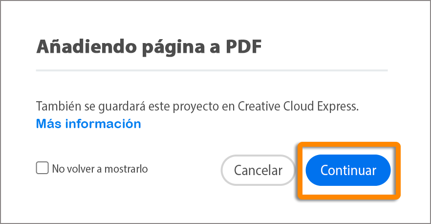 Mensaje conforme se ha guardado un proyecto guardado en la aplicación de Creative Cloud Express