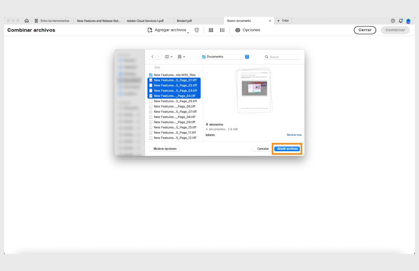 Se abre el cuadro de diálogo Abrir archivos PDF. Se resalta el botón Añadir archivos.