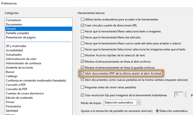 Configure Acrobat para reabrir documentos PDF desde la última sesión