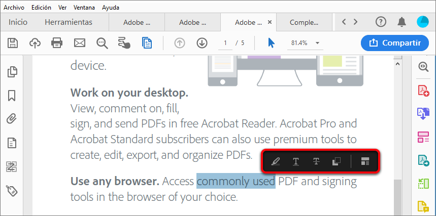 Acciones en un texto seleccionado
