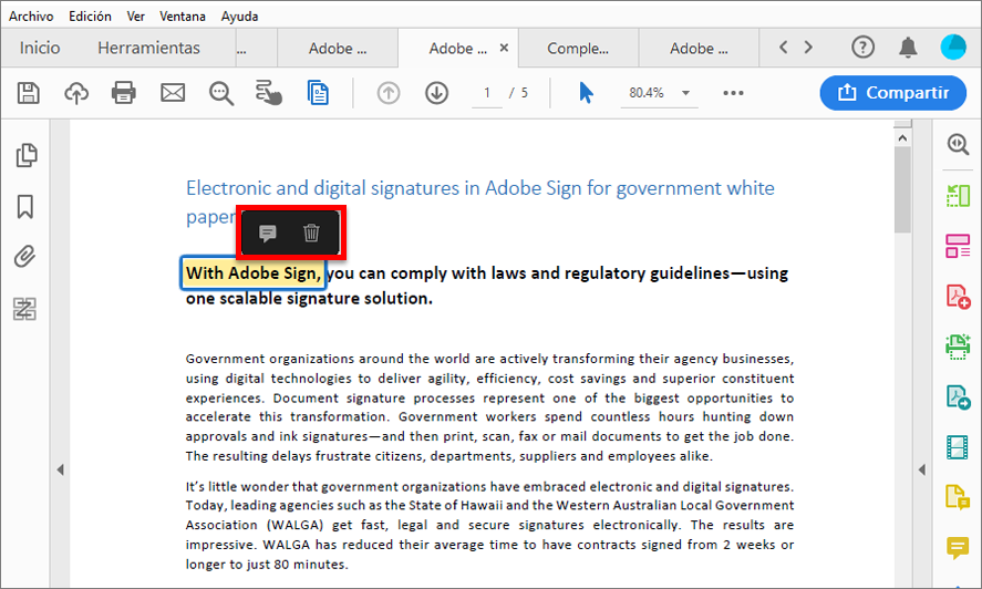 Acciones en una selección resaltada