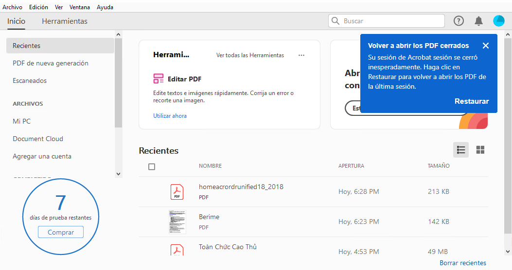 Volver a abrir los PDF cerrados