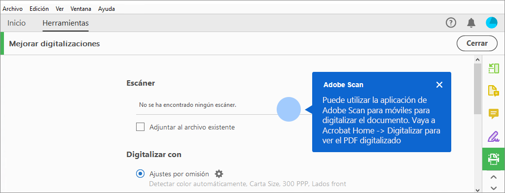 Consejo contextual para usar la aplicación móvil de Adobe Scan cuando no se encuentre un escáner
