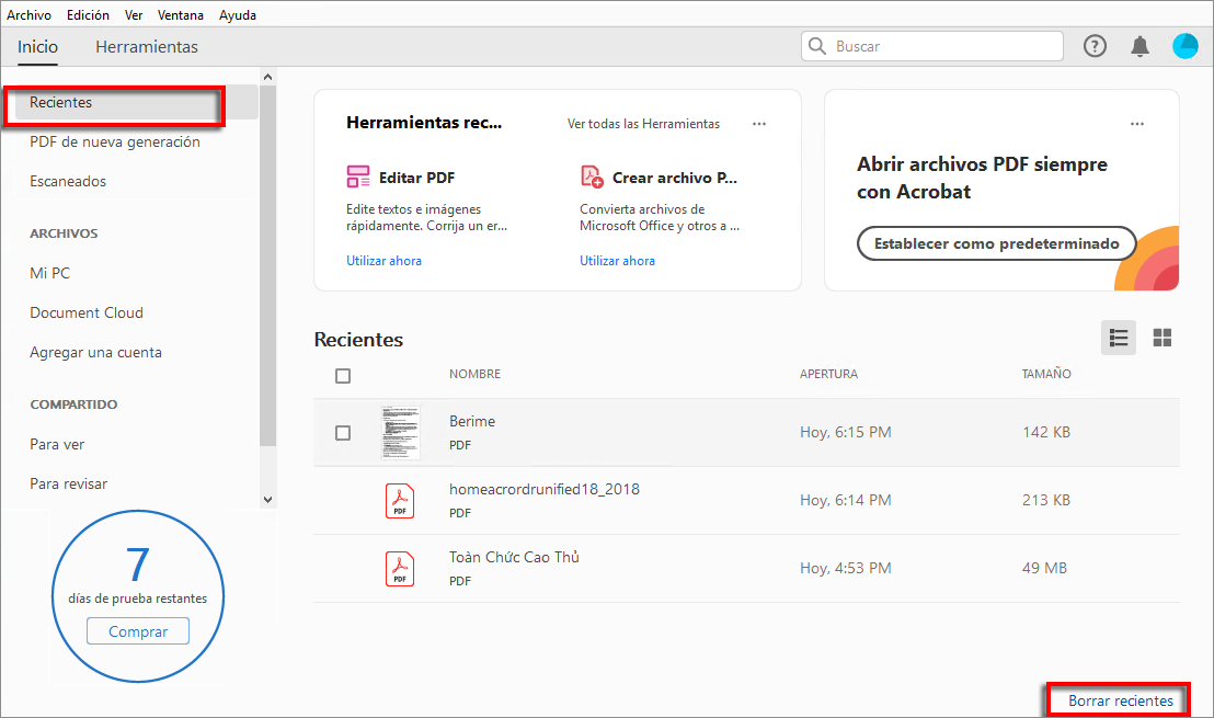 Borrar archivos recientes