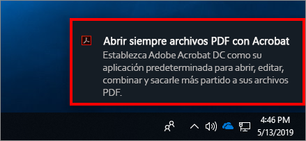 Notificación del sistema para establecer Acrobat como el propietario de archivos PDF de manera predeterminada