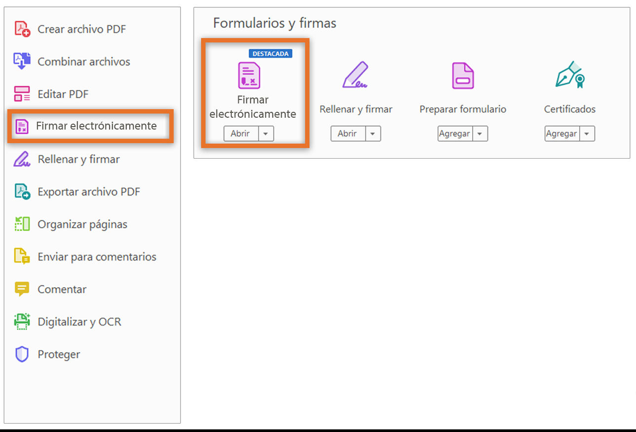 Herramienta Firma electrónica en el panel derecho y Acrobat > Herramientas