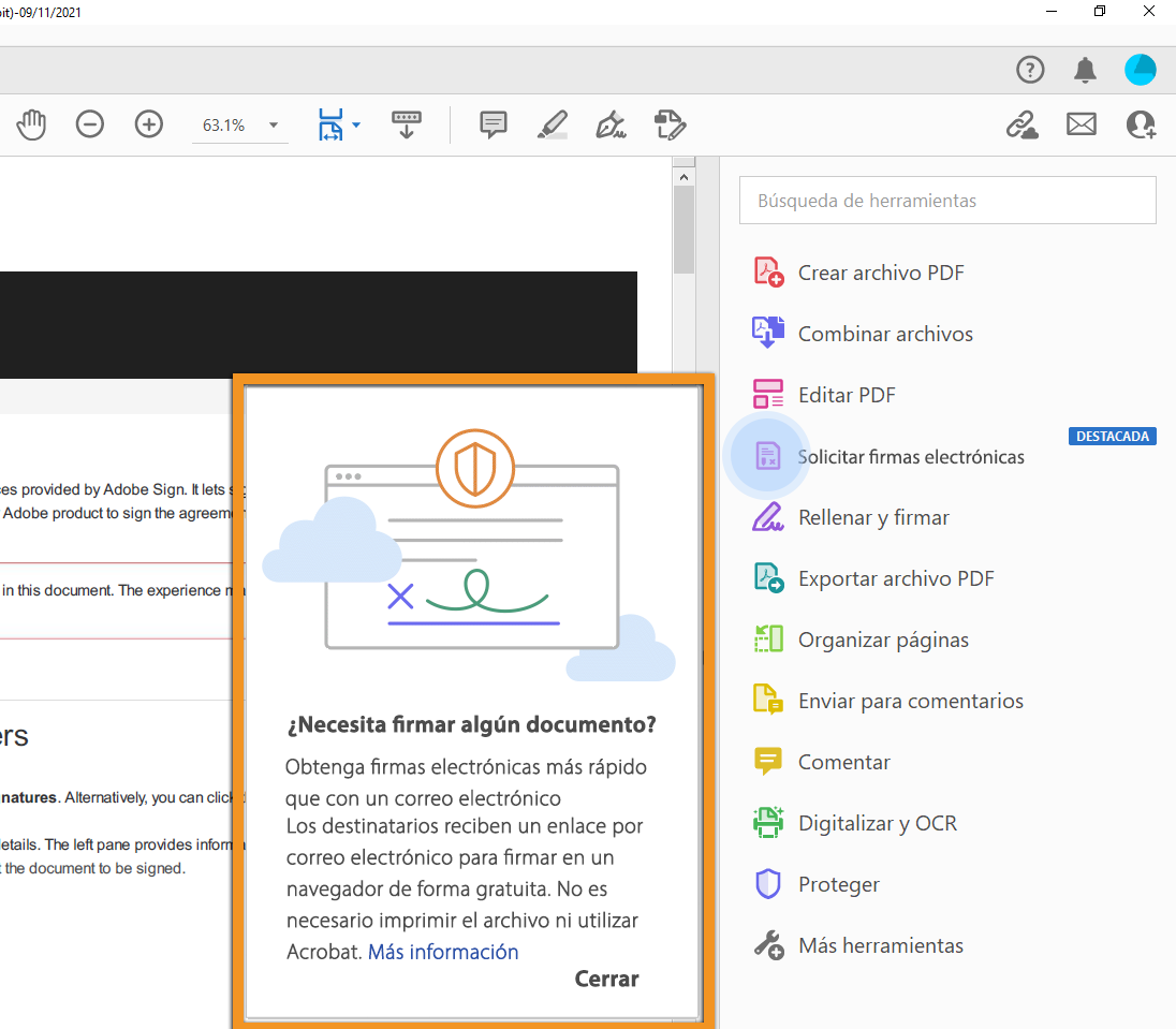 Mensaje visual Solicitar firma
