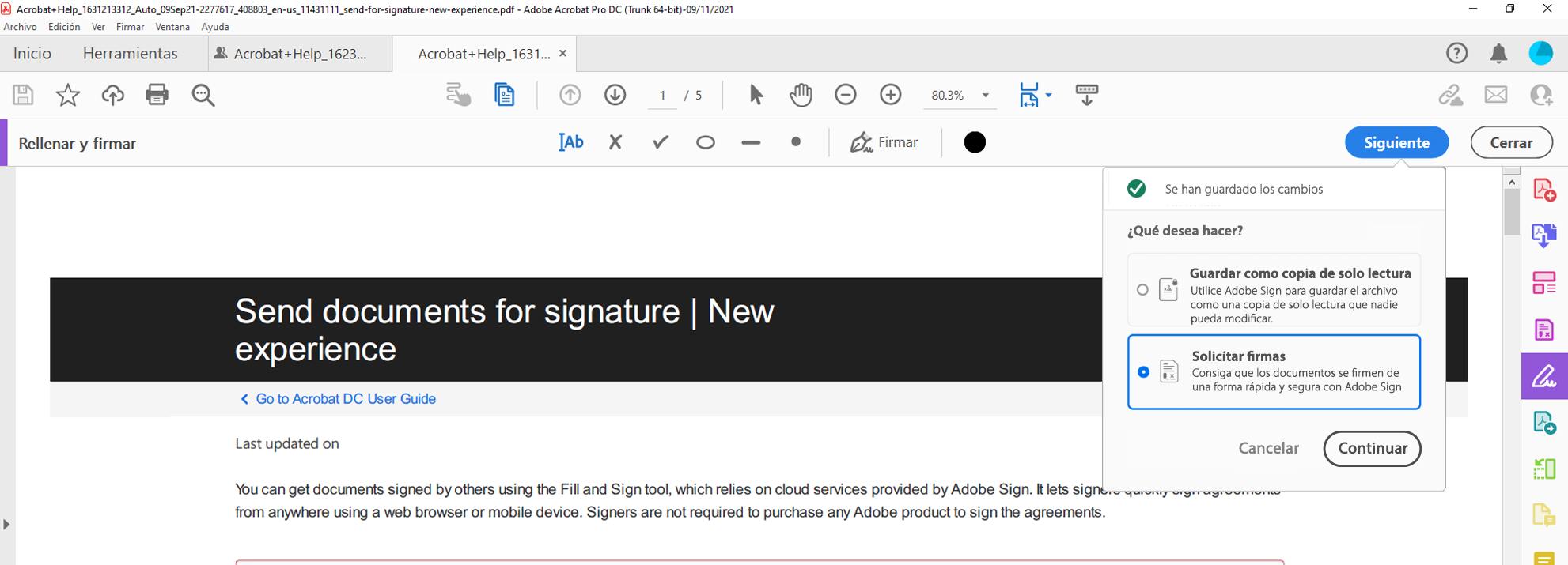 guardar una copia de solo lectura o solicitar firmas