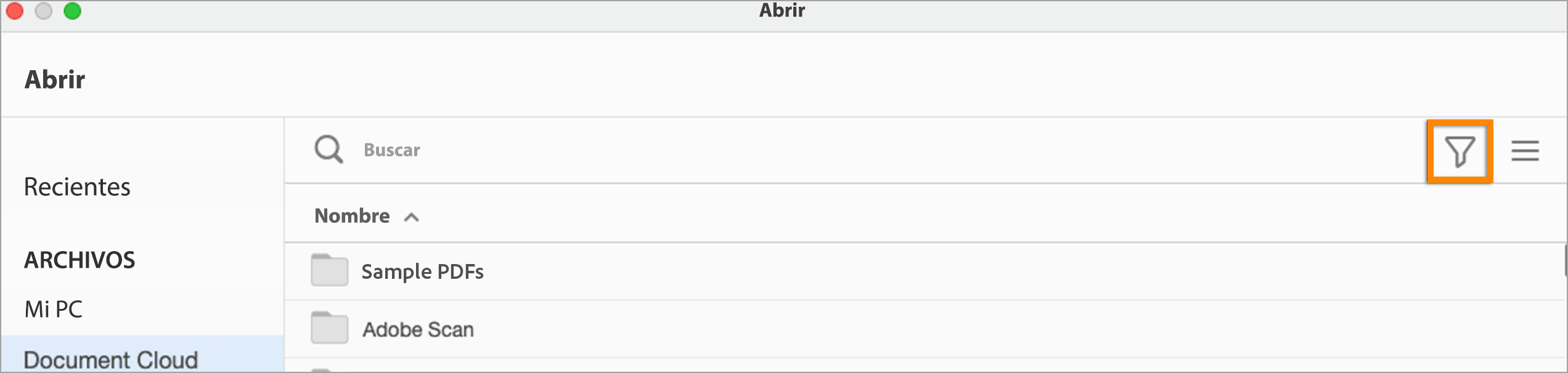 Filtro eliminado del cuadro de diálogo Abrir archivo personalizado en Document Cloud