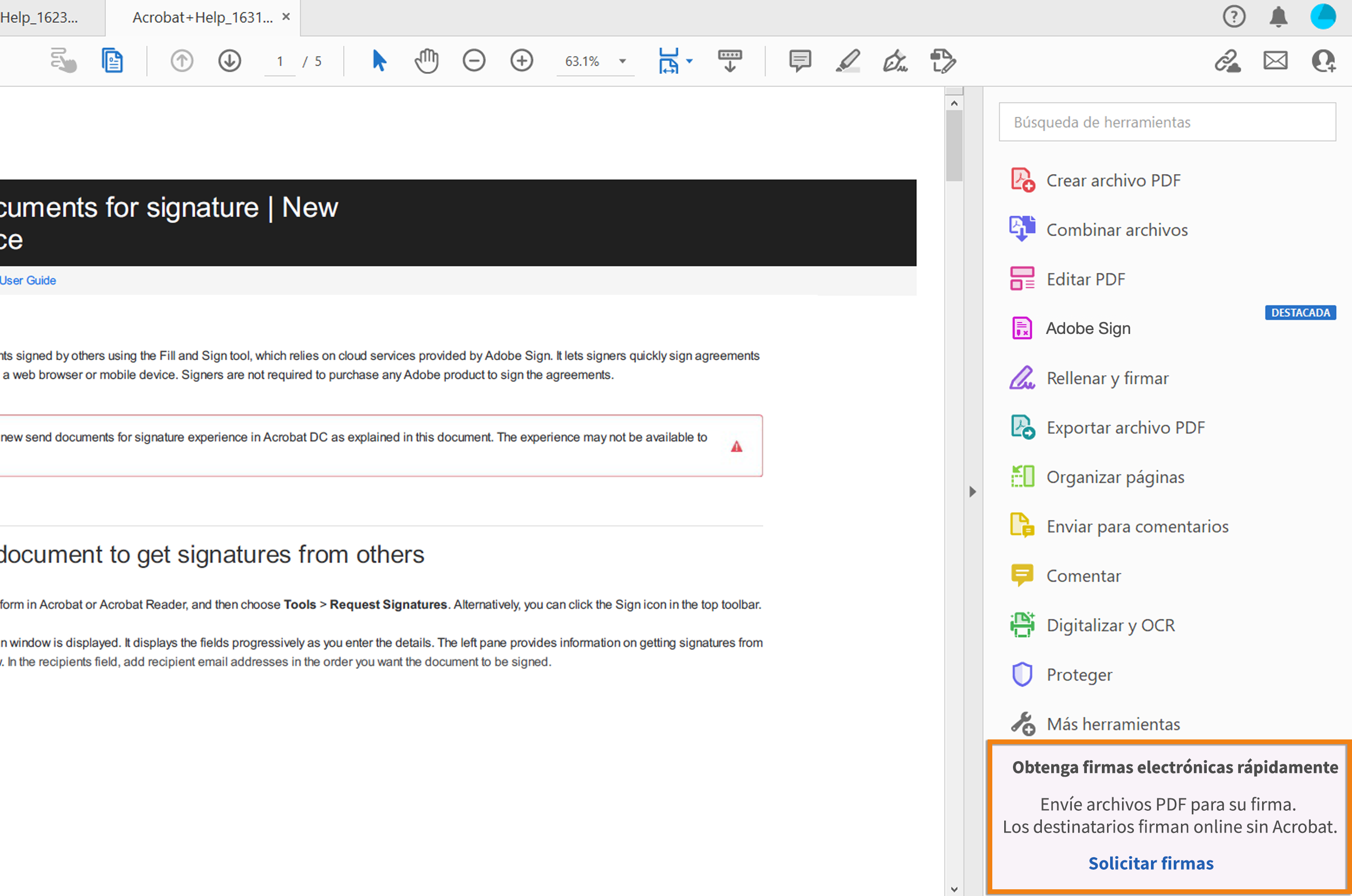 Mensaje Solicitar firmas en el panel derecho 
