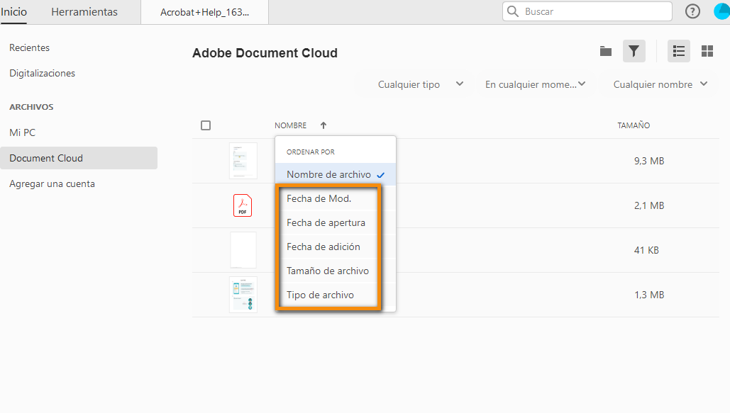 Administrar archivos en Document Cloud