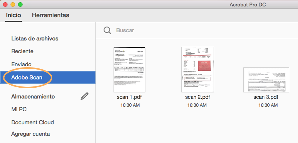 Archivos de la aplicación móvil Adobe Scan en la vista Inicio