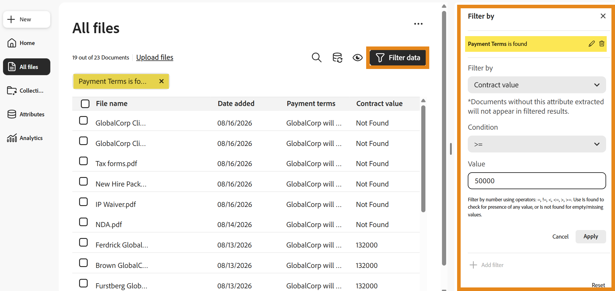 Vista de todos los archivos con el control Filtrar datos usado para reducir los archivos mostrados.