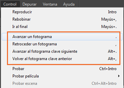Opciones de navegación entre fotogramas clave con los métodos abreviados de teclado