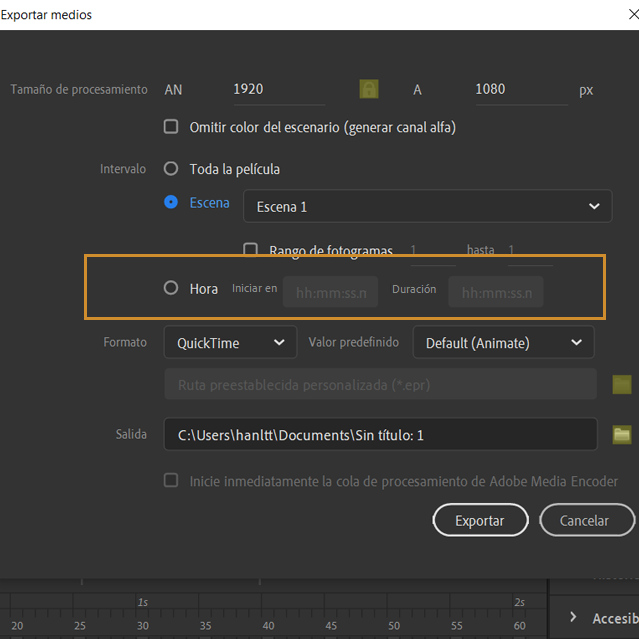 Opción de tiempo en la exportación de vídeo
