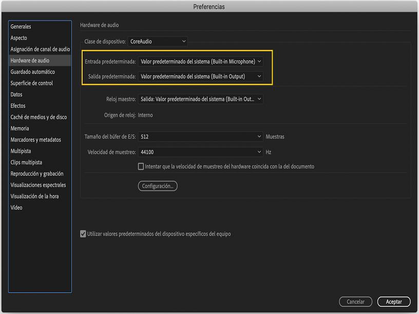 Conexión con hardware de audio en Adobe Audition