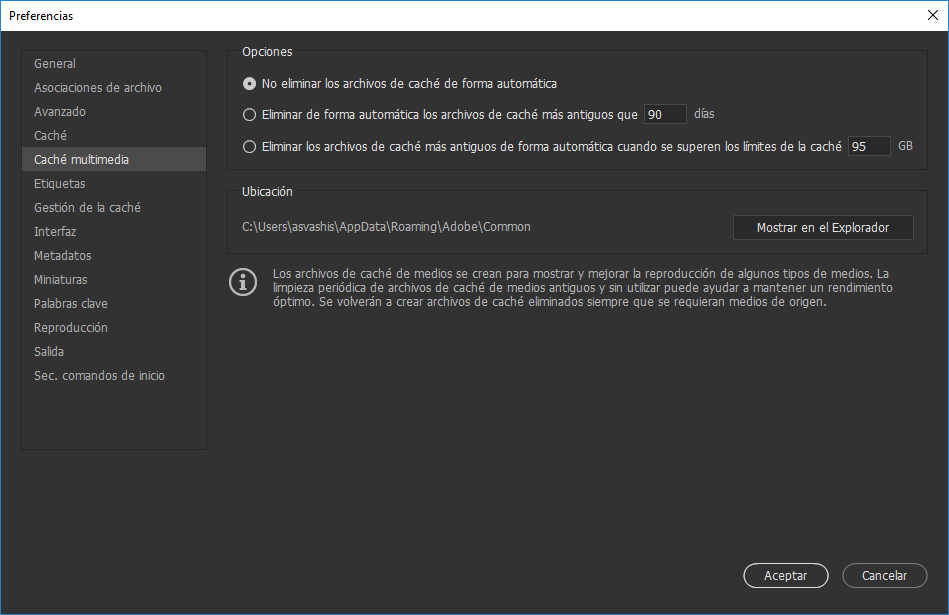 Configurar las preferencias de la caché multimedia