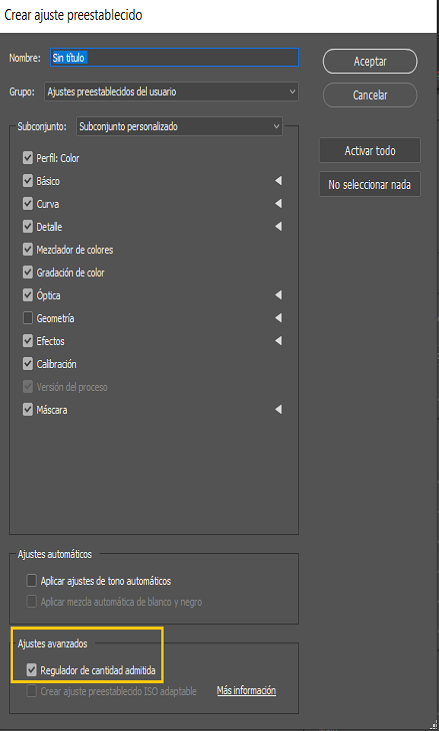 Crear ajuste preestablecido