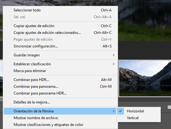 Menú contextual de la tira de diapositivas