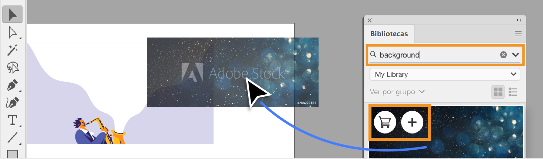 Busque imágenes de Stock en el panel Biblioteca. 