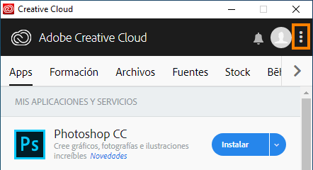 Tres puntos verticales en la aplicación de escritorio de Creative Cloud