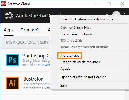 Opción Preferencias en la aplicación de escritorio de Creative Cloud