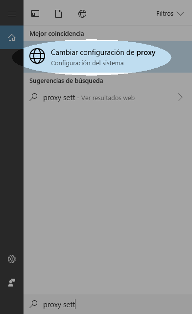 Escriba cambiar la configuración proxy en el cuadro de búsqueda Configure los ajustes de su proxy en Win 10 para trabajar con bibliotecas - paso 1