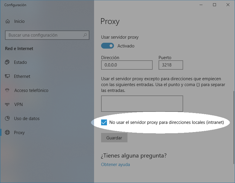 Opción No usar el servidor proxy para direcciones locales (intranet) Configure su proxy en Win 10 para trabajar con bibliotecas - paso 2