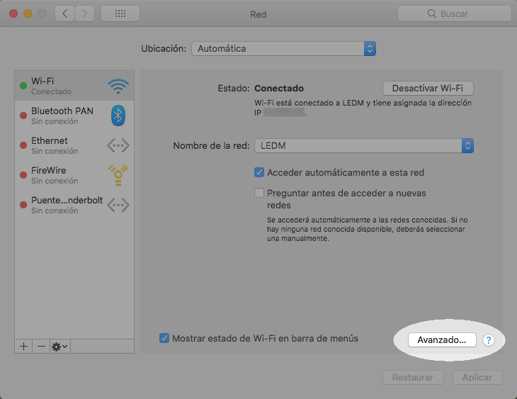 Haga clic en el botón Avanzadas Configure su proxie en Mac para trabajar con bibliotecas - paso 3
