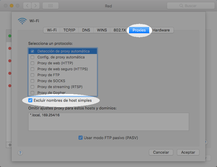 Opción Excluir los anfitriones simple Configure su proxie en Mac para trabajar con bibliotecas - paso 5