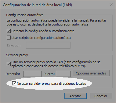 Opción No usar servidor proxy para direcciones locales Configure su proxy en Win 7 para trabajar con bibliotecas - paso 4