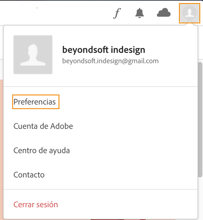 Icono de engranaje en la aplicación de escritorio de Creative Cloud