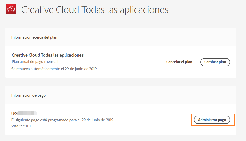 Haga clic en Administrar pago