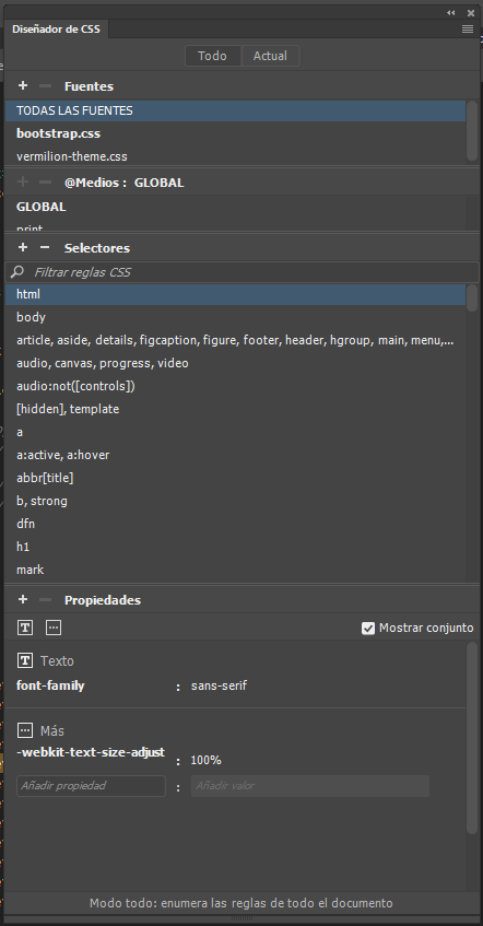 Uso del panel Diseñador de CSS en Dreamweaver