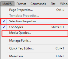 Opciones del menú Modificar antes de Dreamweaver CC
