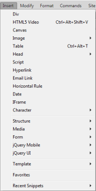 Opciones del menú Insertar de Dreamweaver CC