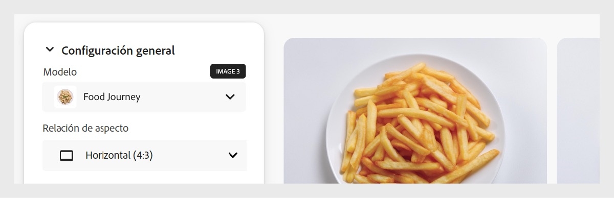 Un modelo personalizado elegido es &quot;Viaje culinario&quot; y la relación de aspecto se establece en &quot;Horizontal (4:3)&quot;. El modelo tiene una insignia que indica qué modelo Firefly Image se utilizó cuando se entrenó.