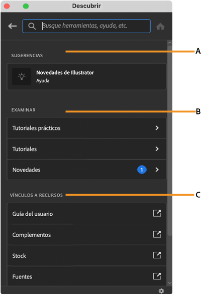 La interfaz del panel Descubrir dentro del espacio de trabajo de Illustrator