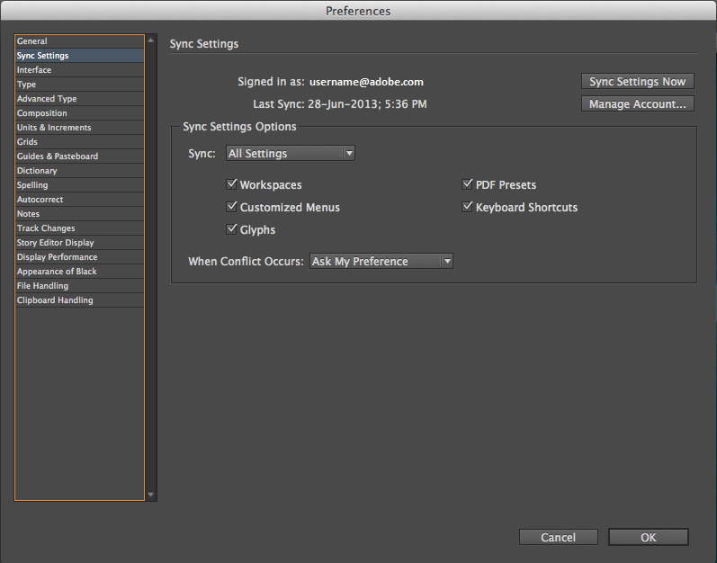 Sincronización de la configuración de InDesign con Adobe Creative Cloud