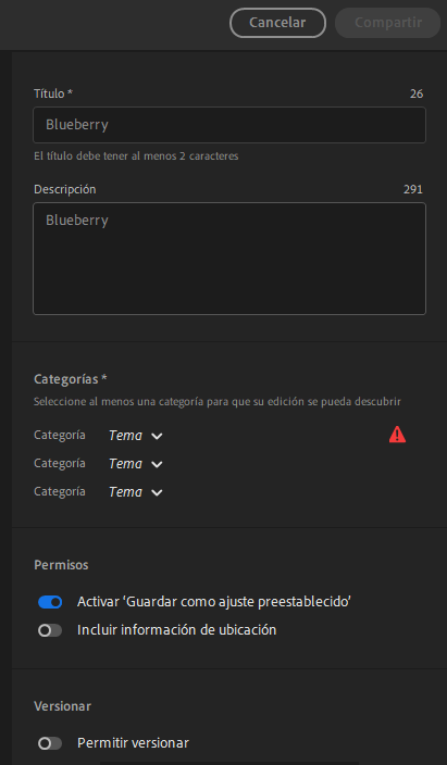 Introduzca los detalles y haga clic en Compartir para permitir que otros puedan versionar su foto