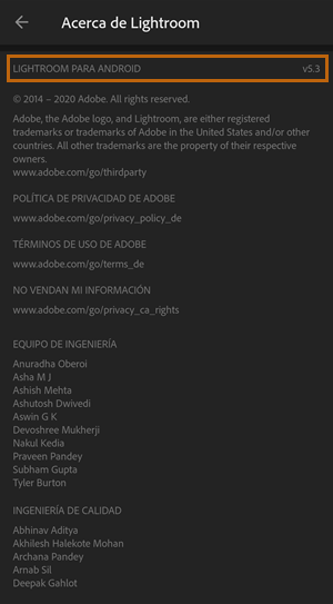 Versión de Lightroom