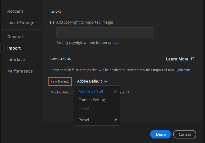 Establecer valores predeterminados de Raw Establecer valores predeterminados de Raw