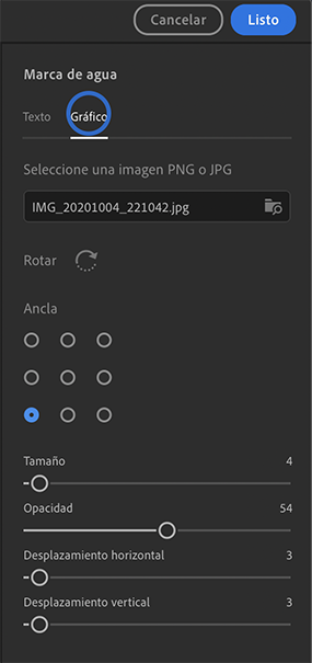 las capas Los ajustes de la marca de agua gráfica en Lightroom para equipos de escritorio