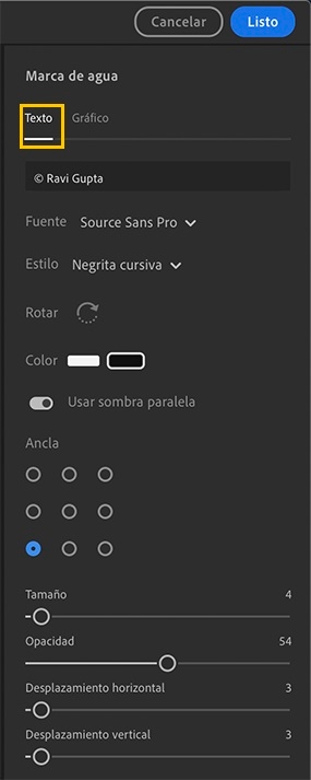text_watermark Personalización de la marca de agua en la foto