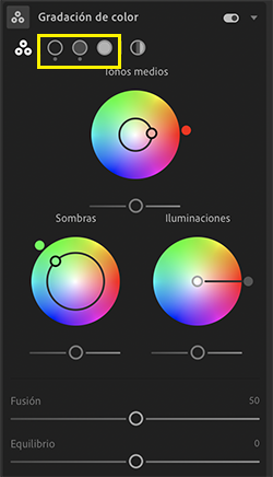 Los reguladores de Gradación de color del panel Color