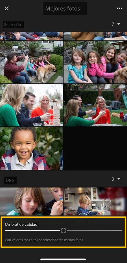 Mueva el regulador Umbral de calidad hacia la derecha para tener menos fotos en Seleccionadas