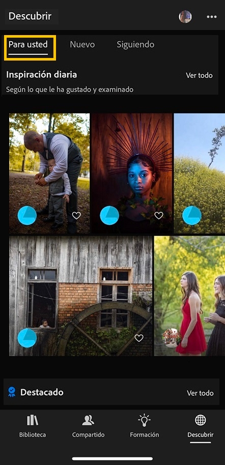 La nueva pestaña Para usted en las secciones Más información y Descubrir de Lightroom para dispositivos móviles