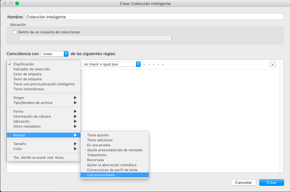 Filtrar colección inteligente