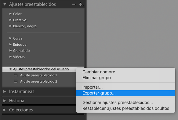 Exportar un grupo de ajustes preestablecidos